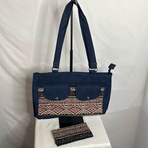 Canyon sky denim quilted jacquard handbag with checkbook cover